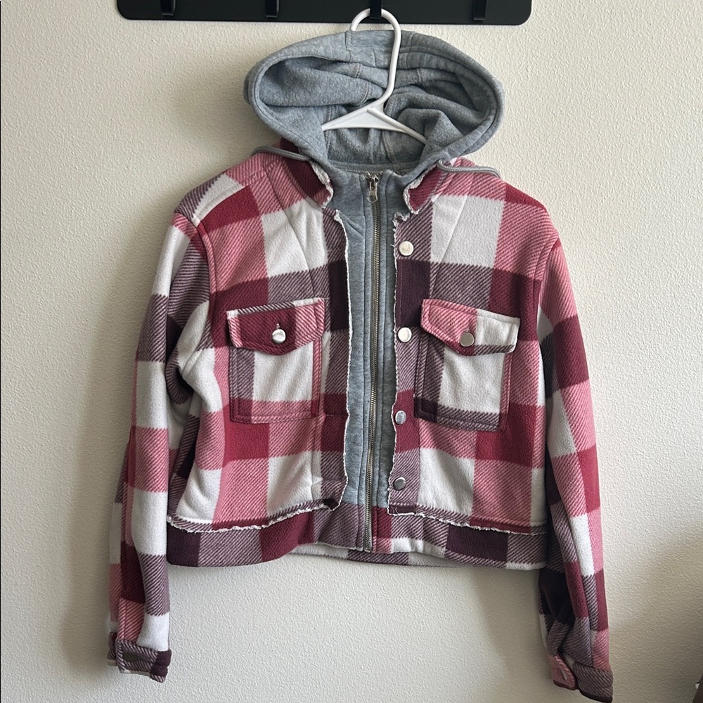 Helium London Plaid Fleece Jacket in Pink/Purple/White Cropped Full Zip Hoodie.S